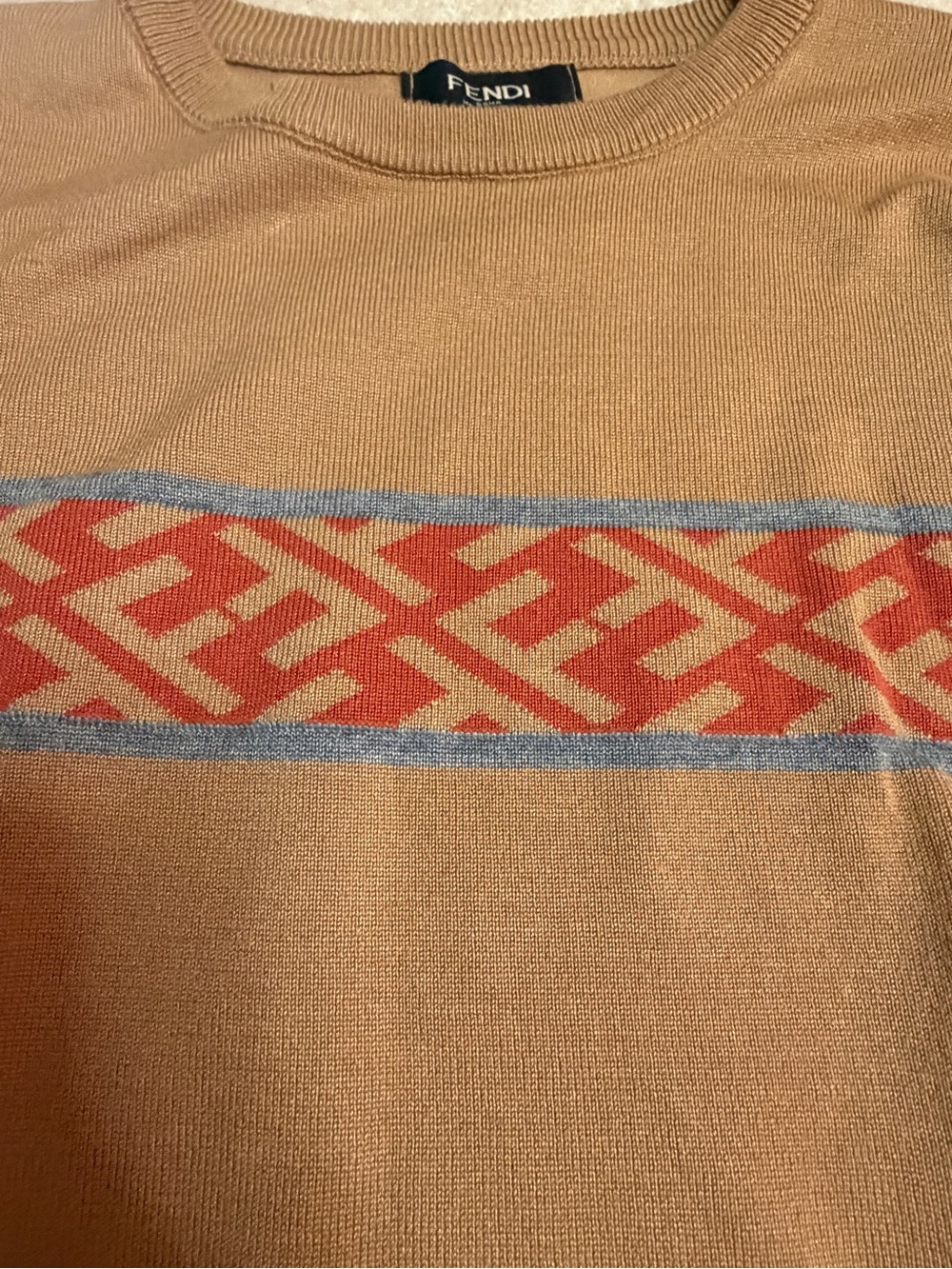 Fendi Tan light Crewneck Sweater with Red Geometric Stripe - Picture 5 of 9